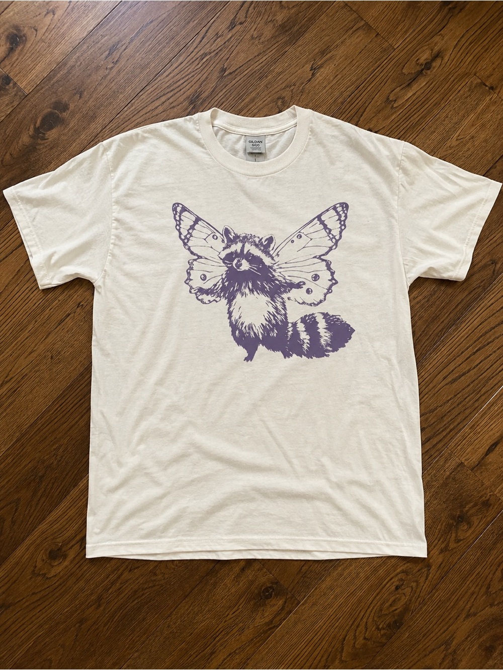 Cream Short Sleeve Tee Purple Raccoon-Butterfly Graphic T-shirt